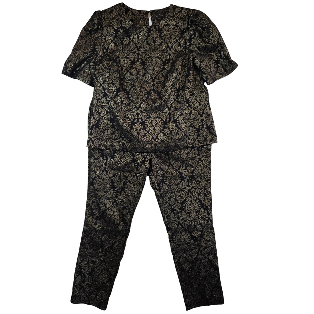Pant Set Women 14 Slim Black Gold Metallic Damask Brocade Romantic Goth Regal - Picture 14 of 16